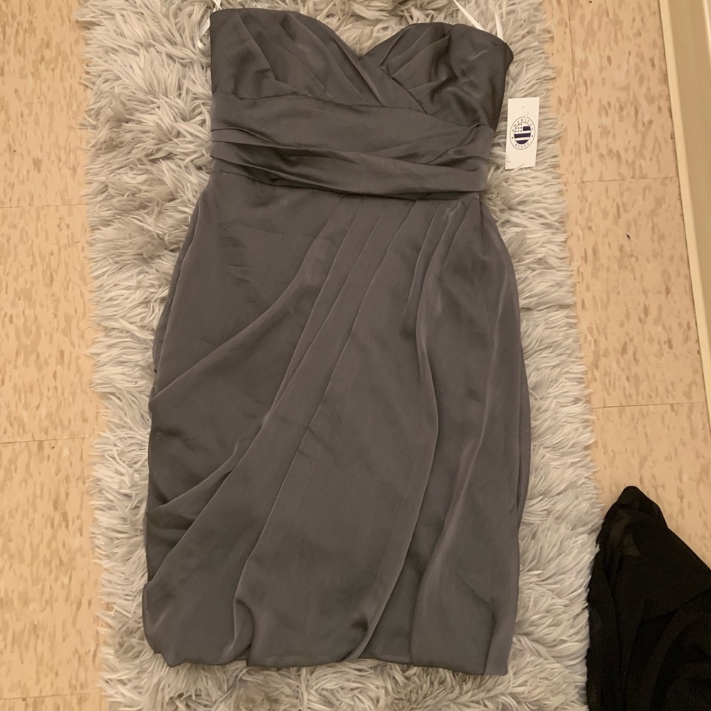 Charcoal gray strapless formal dress